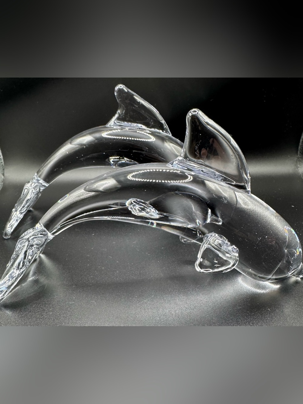 Vintage Clear Art Glass Dolphin Figurines - Set of 2 Heavy Solid Glass Marine An
